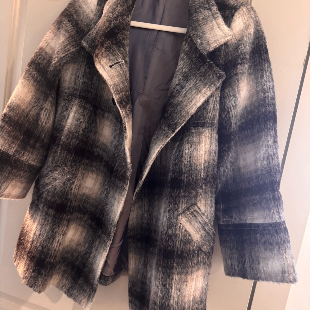 Gerard Darel Black and Gray Plaid Teddy Jacket